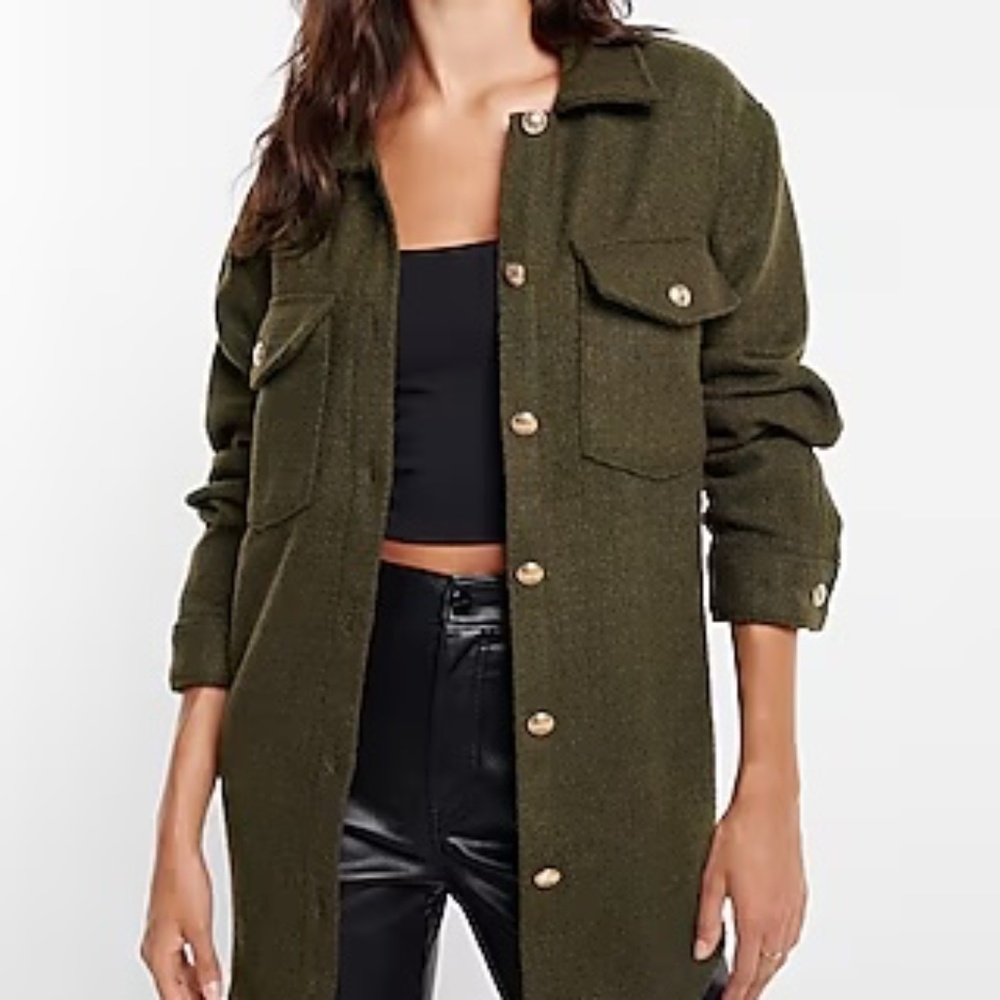 Express Tweed Novelty Button Oversized Shacket - Olive Green M